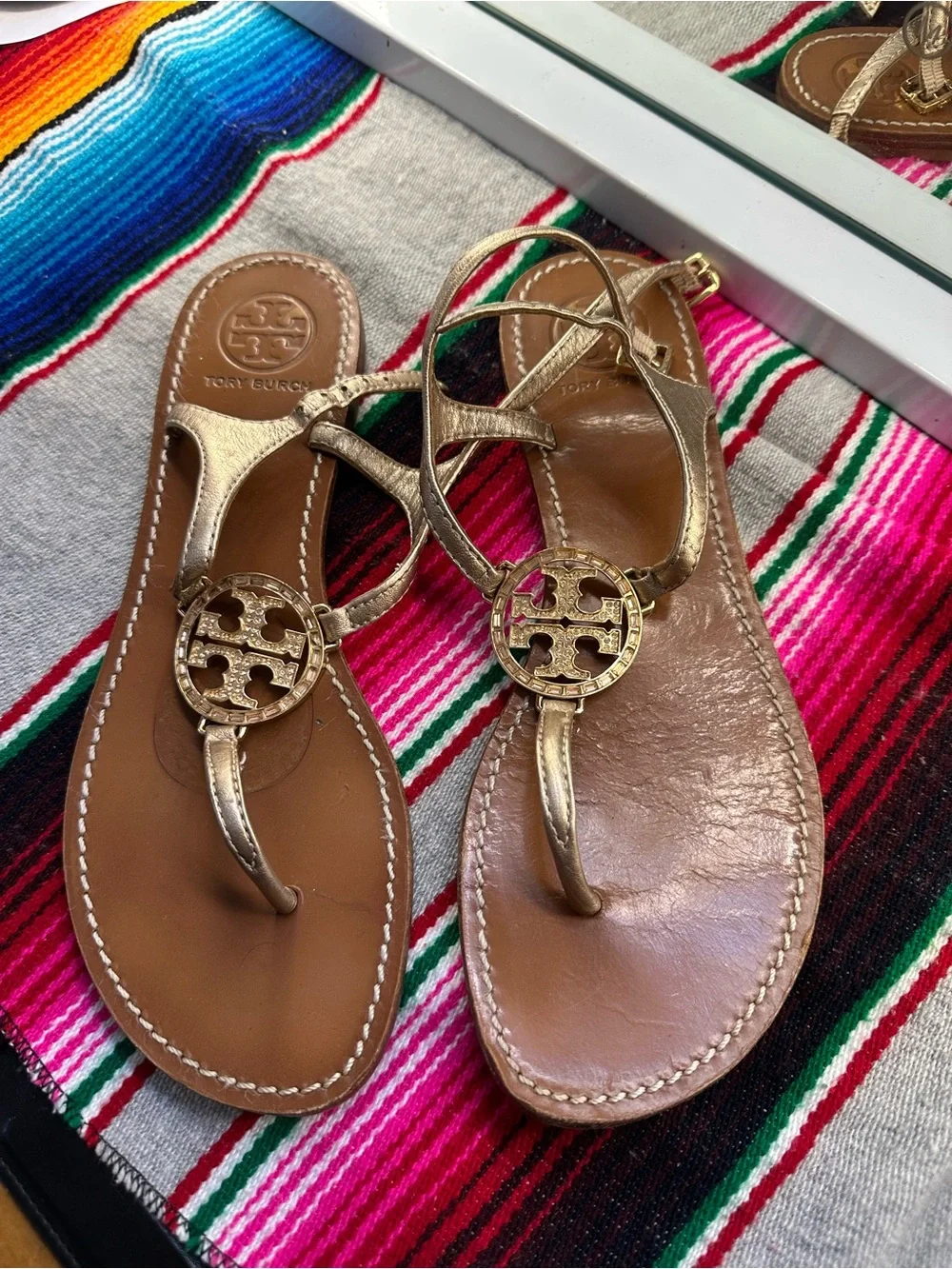 Tory Burch Gold Leather Logo Thong Sandals